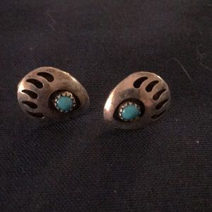 Adorable Native American Bear Paw Silver and Turquoise Earrings